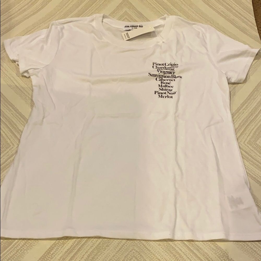 Suburban Riot White T-Shirt with a List of Wine, Size XS